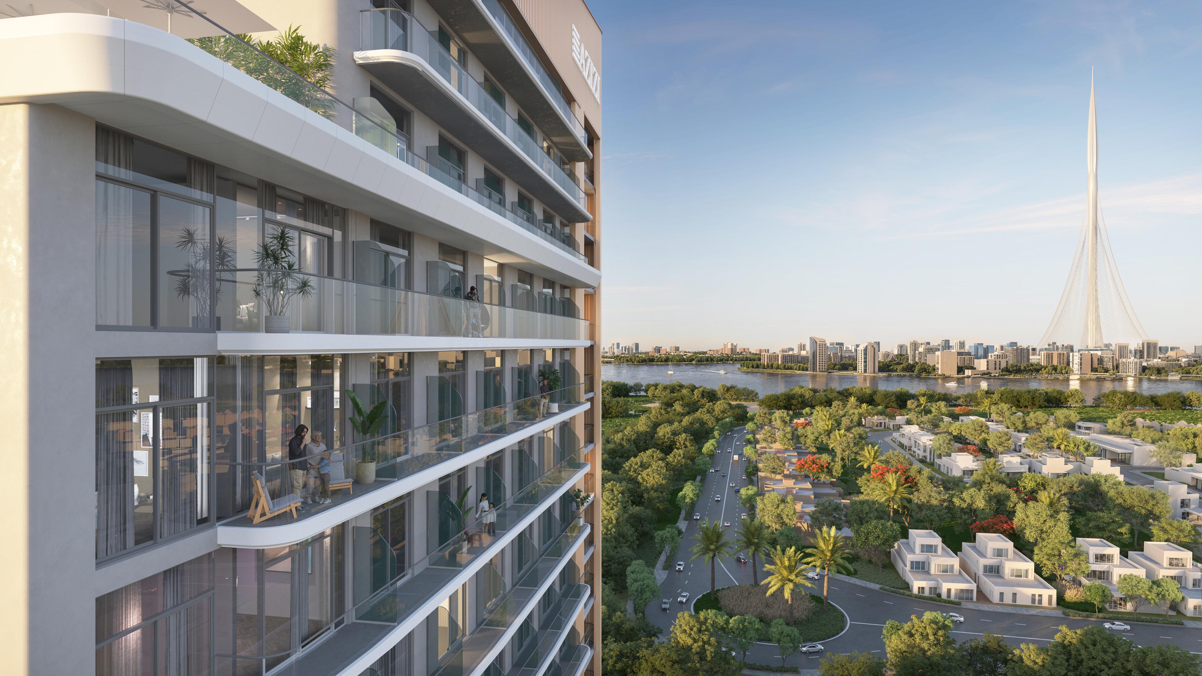 Balconies with creek and Dubai Creek Tower view