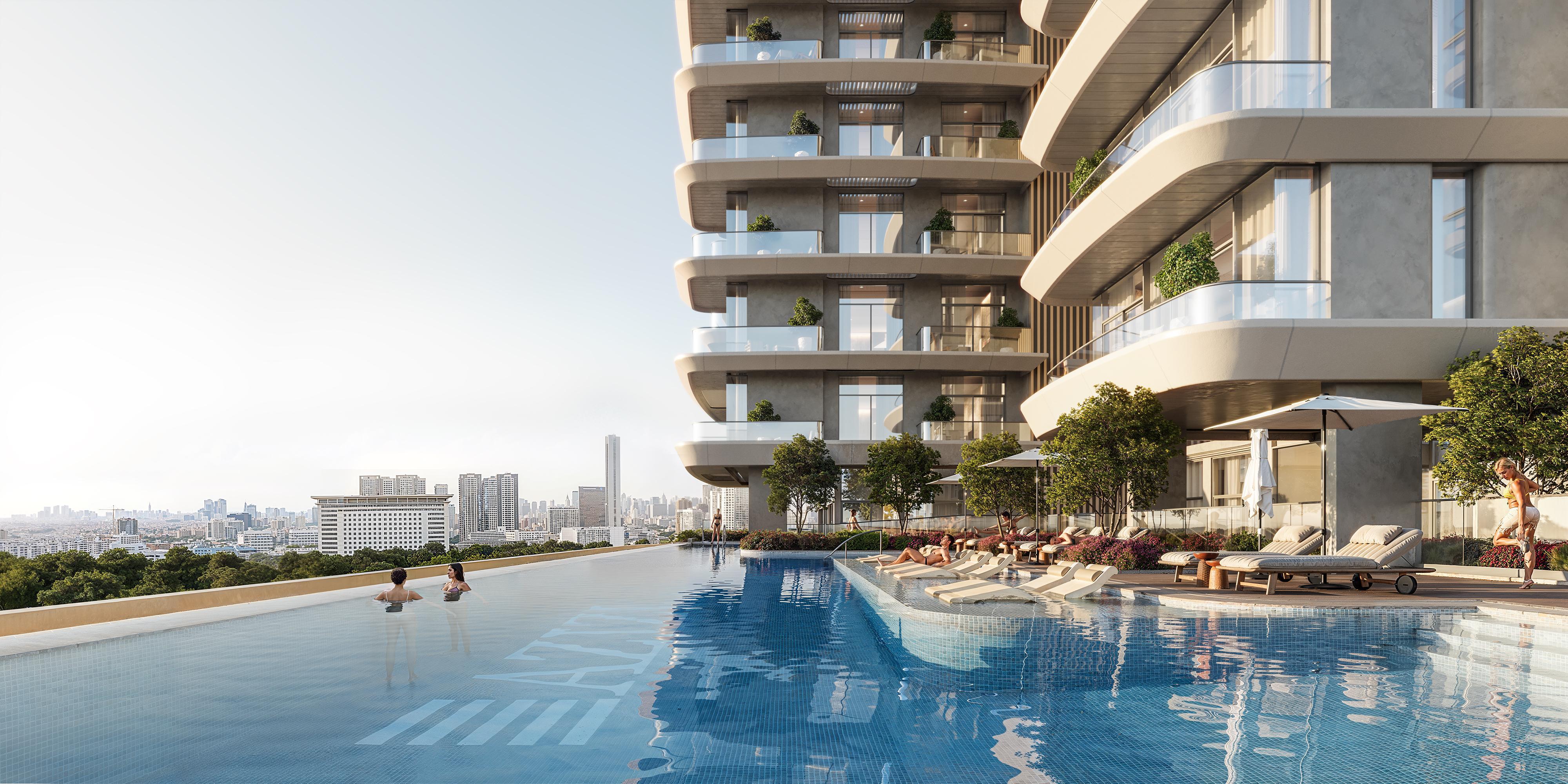 Infinity pool deck with skyline view